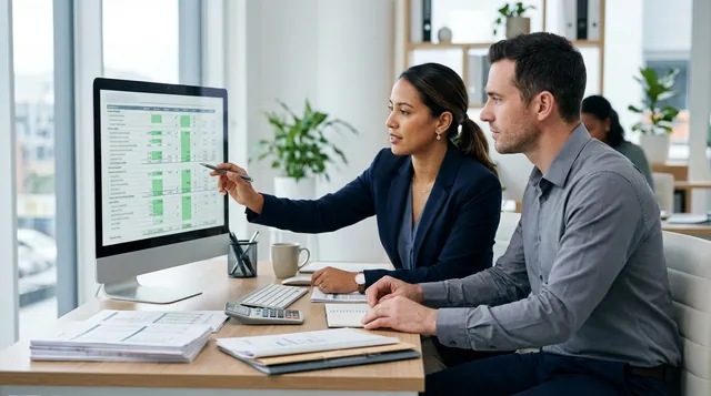 Contadora y colega revisando una conciliación contable en un monitor, con facturas impresas y calculadora