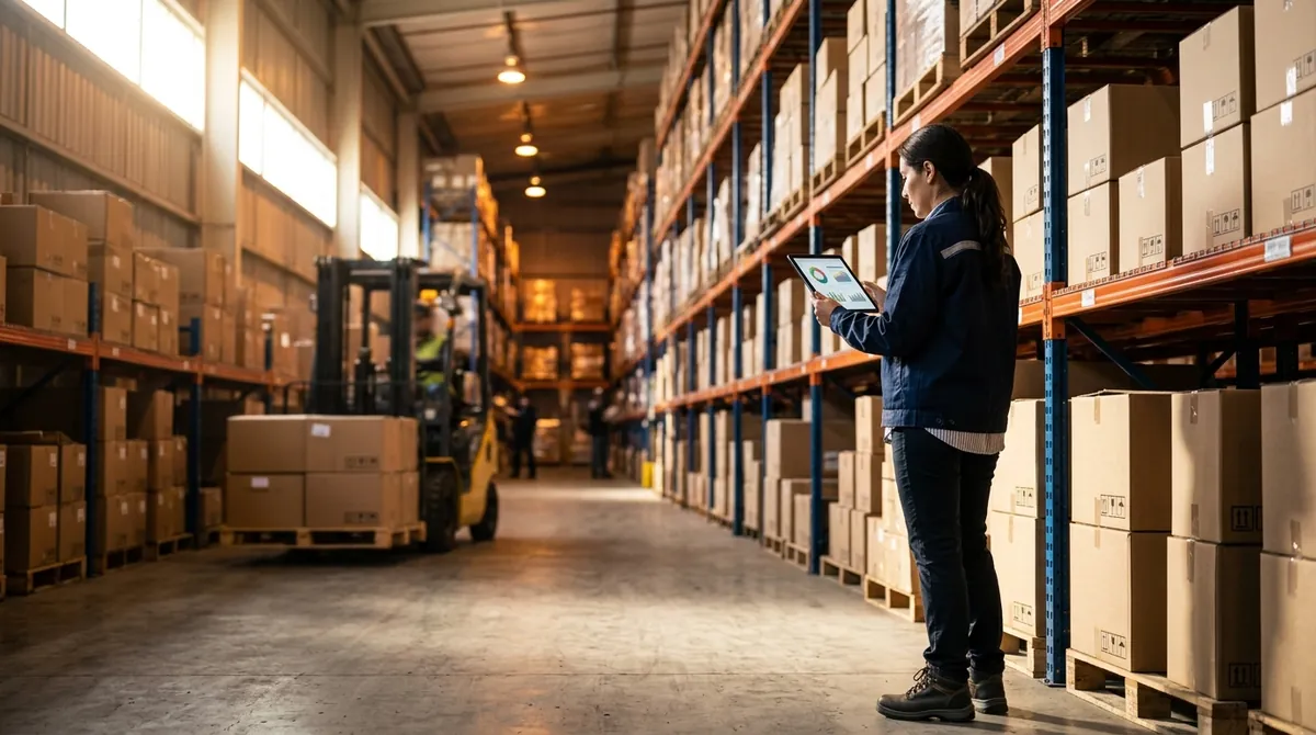 Encargada de operaciones revisando inventario en una tableta dentro de un centro de distribución, con un montacargas al fondo