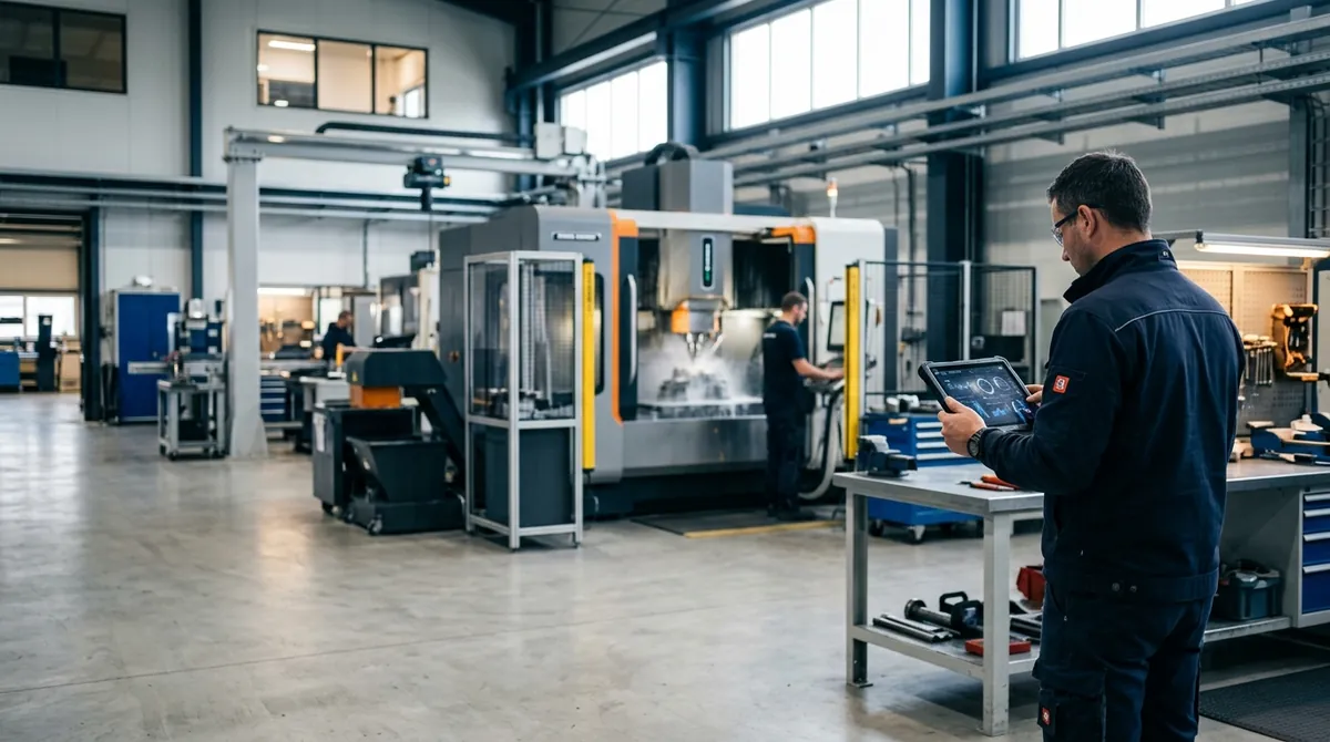 Supervisor revisando tableros de producción en una tableta dentro de una planta metalmecánica con máquina CNC