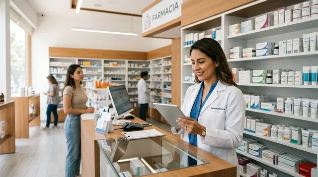 Farmacéutica revisando existencias en una tableta dentro de una farmacia multisucursal