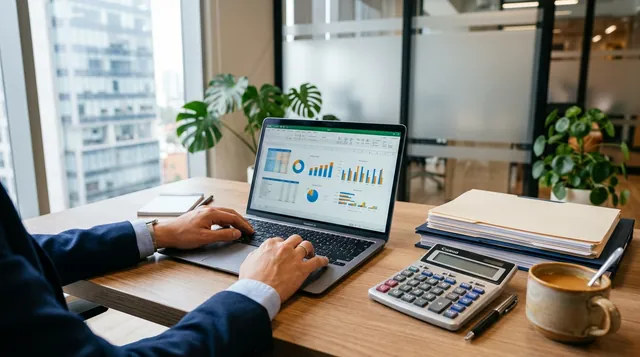 Contador trabajando en una laptop con hojas de cálculo, junto a documentos y una calculadora