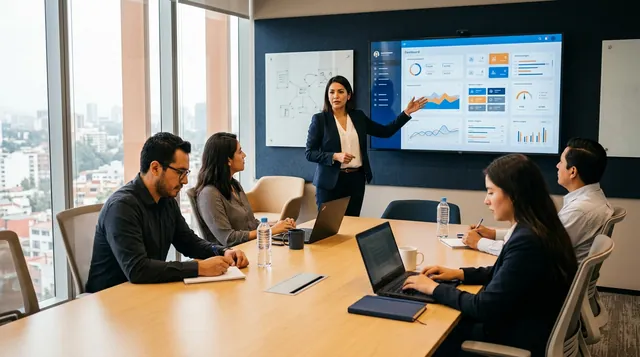 Consultor presentando un tablero de control de ERP a un equipo en una sala de capacitación