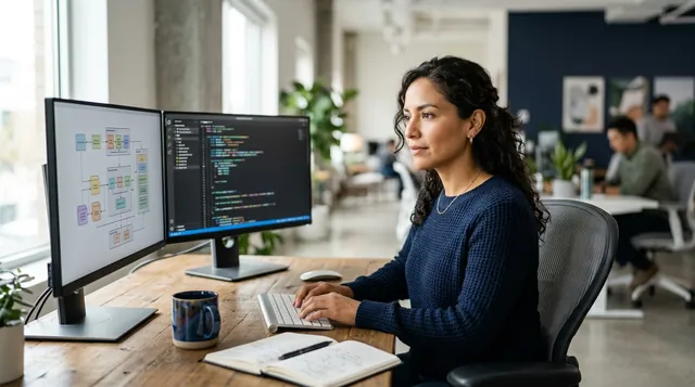 Desarrolladora trabajando en dos monitores con un diagrama de módulos y código en una oficina luminosa