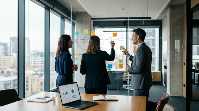 Tres profesionales trabajando un mapa de procesos con notas adhesivas en un pizarrón de vidrio