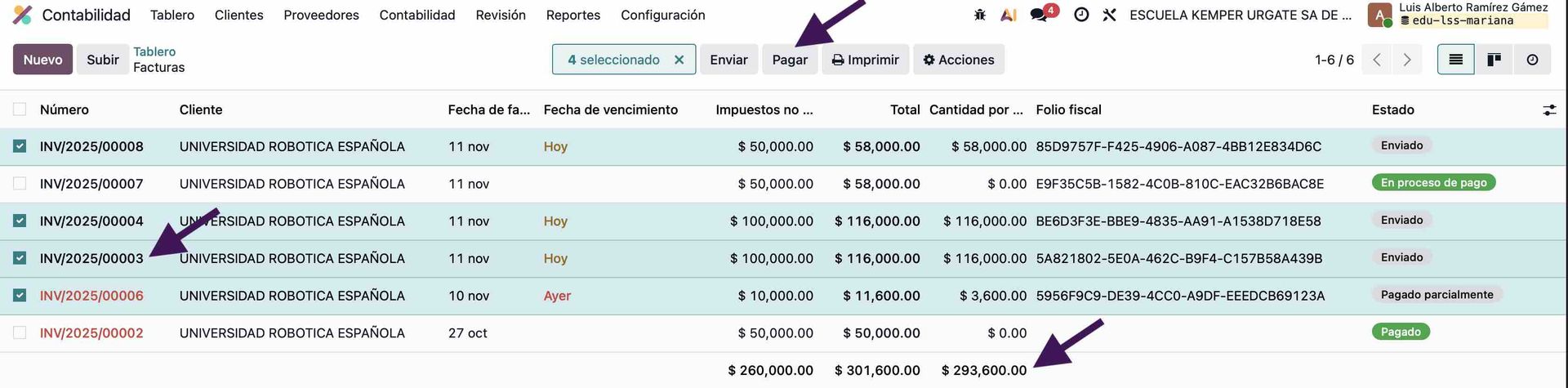 Facturas a seleccionar en complemento de pago odoo