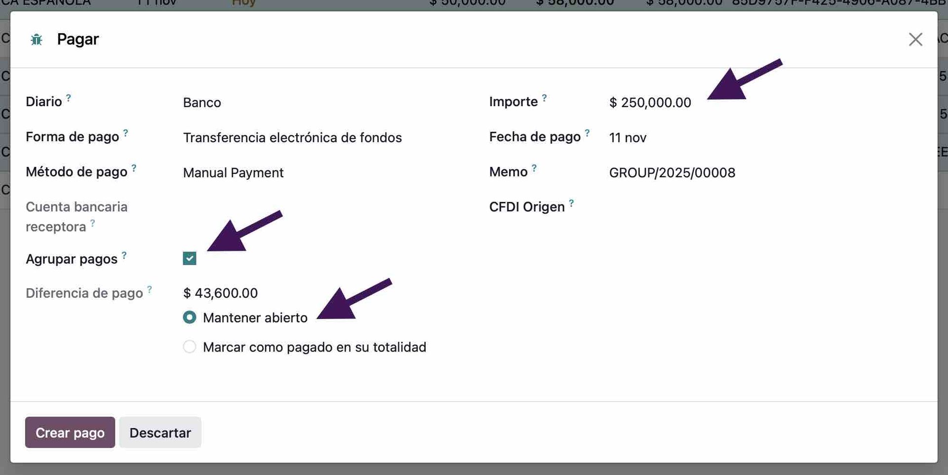 En esta imagen se muestra como realizar el pago de varias facturas seleccionadas