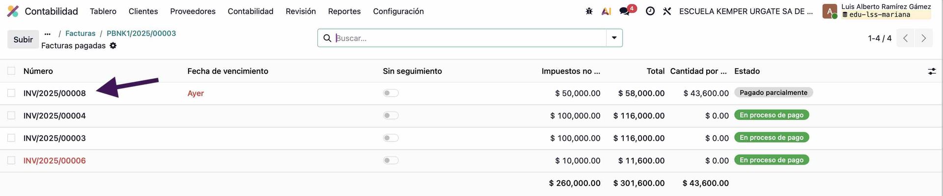 Factura pagada parcialmente en un grupo de facturas y único pago
