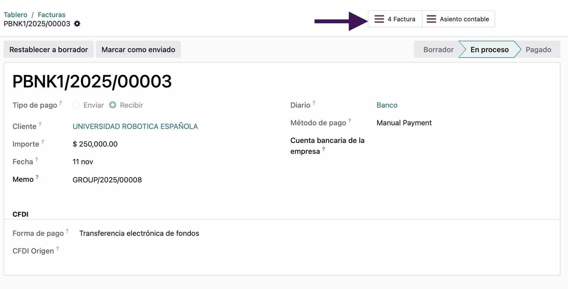 Pago realizado en odoo que adjunta varias facturas