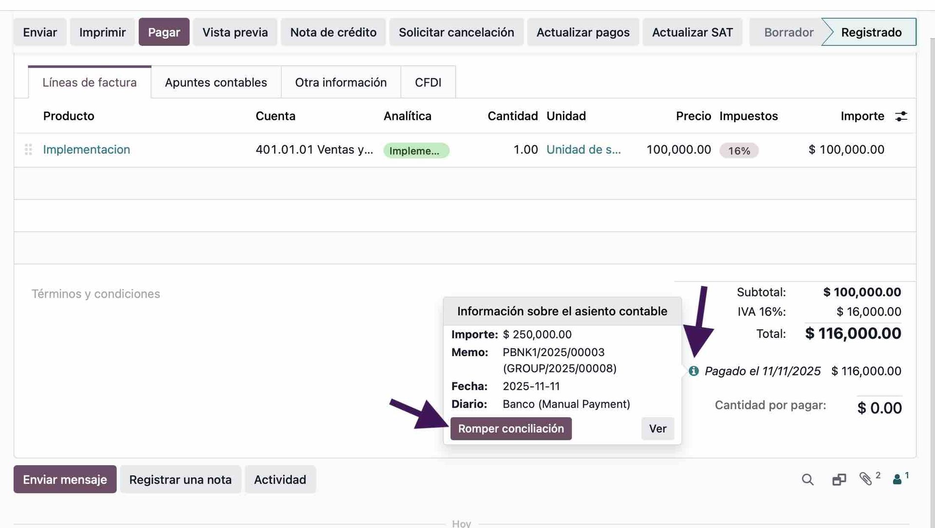 Romper la conciliación de un pago en una factura en Odoo