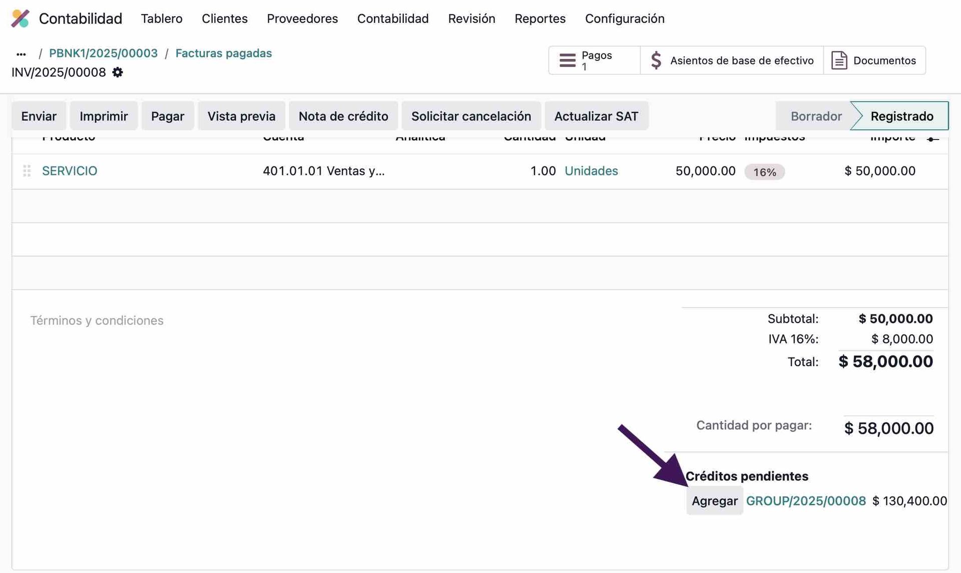 Agregar créditos pendientes a una factura en Odoo