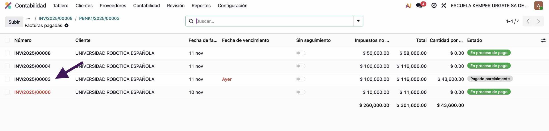 Pago incompleto para un grupo de facturas en Odoo, un solo pago o complemento de pago
