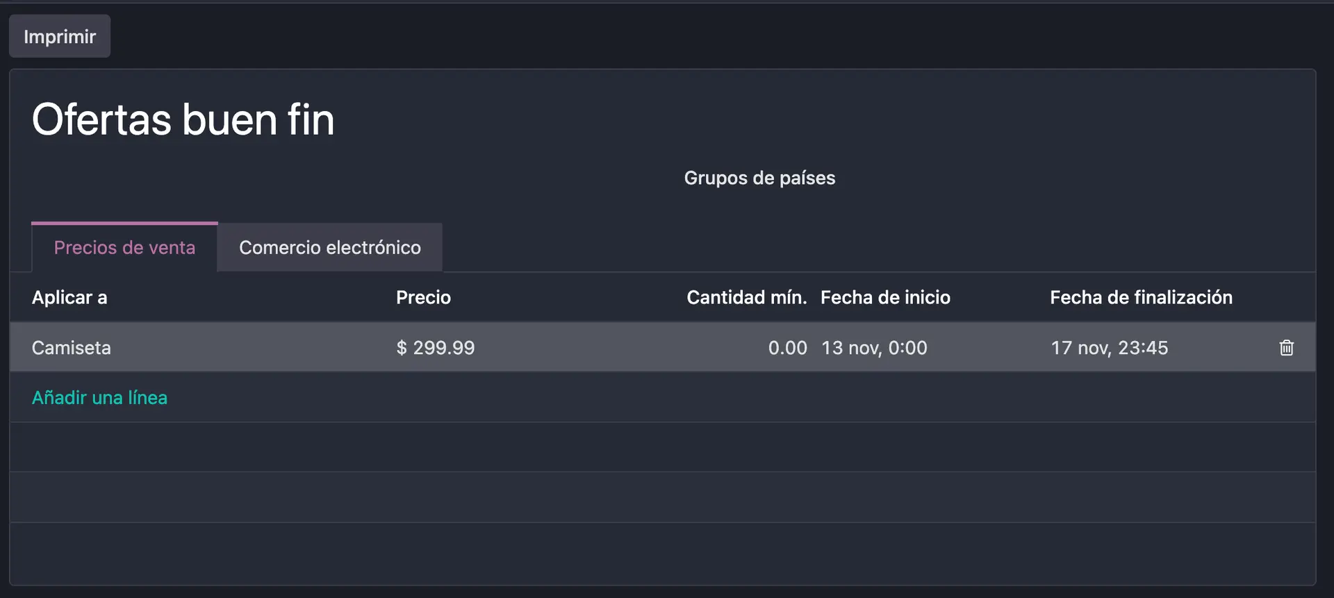 menu de lista de precios