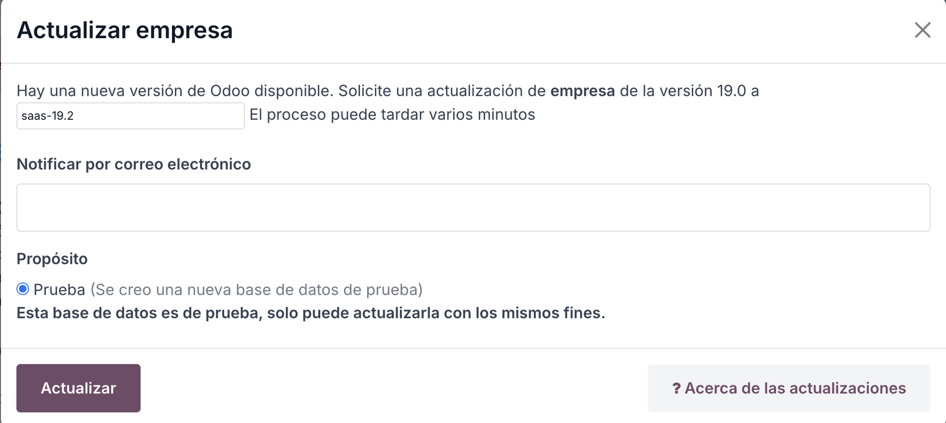 Seleccionar tipo de actualización
