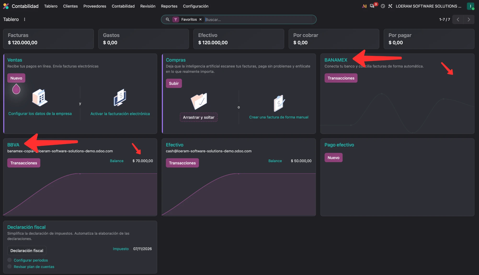 Tablero de Contabilidad en Odoo con las tarjetas de los diarios BBVA y Banamex
