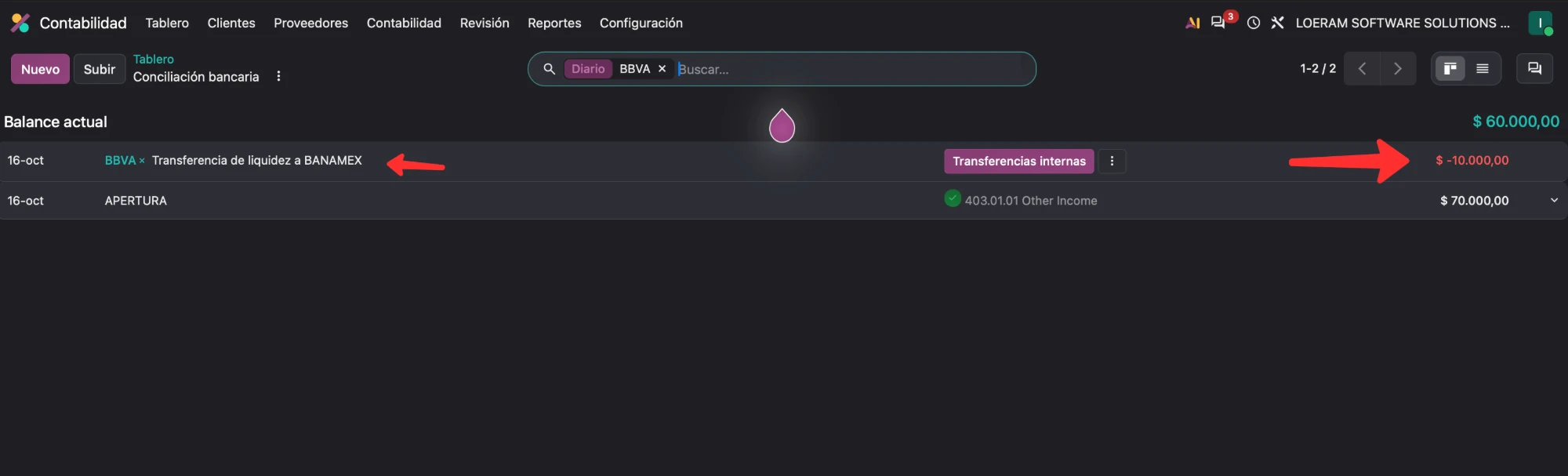 Movimiento de salida de $10,000 "Transferencia de liquidez a BANAMEX" en el diario BBVA