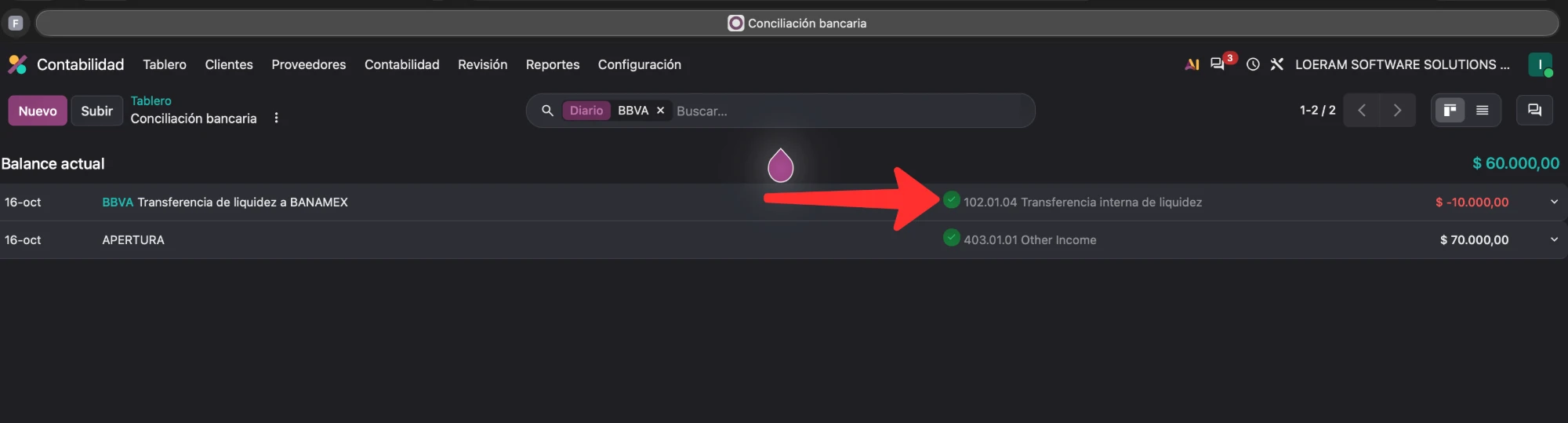 Movimiento de BBVA enviado a la cuenta 102.01.04 Transferencia interna de liquidez