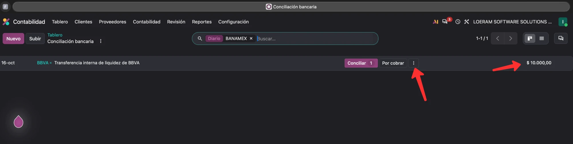 Movimiento de recepción de $10,000 "Transferencia interna de liquidez de BBVA" en el diario Banamex