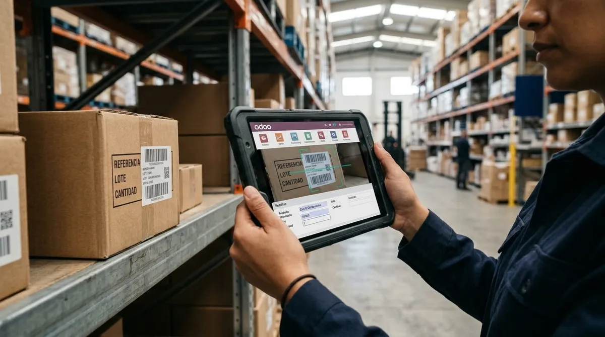 Persona escaneando con una tableta el código de barras de una caja en un almacén, con Odoo, para validar recepciones y entregas